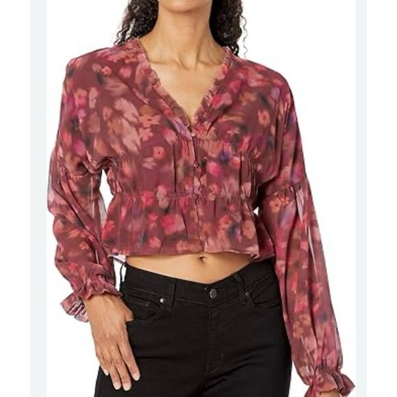 Steve Madden Tops - Steve Madden Women's Floral Chiffon Cropped Blouse V-Neck Long Sleeve M